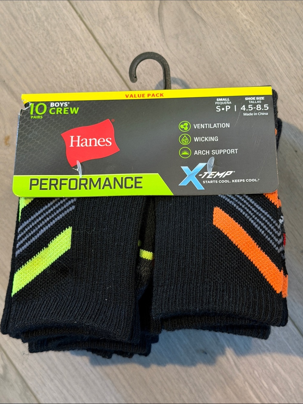 Hanes Performance Boys' Crew Socks - Black with Neon Accents (10-Pack)
